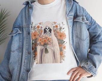 Floral Ghost Bouquet Tee, Dark Cottagecore Watercolor, Halloween Shirt Women