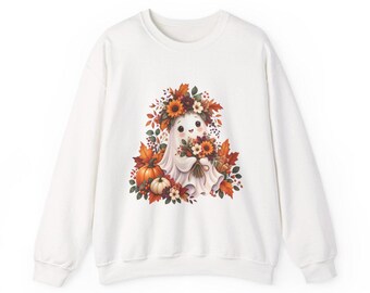 Sudadera de cuello redondo con diseño de ramo de fantasmas en acuarela: diseño otoñal espeluznante