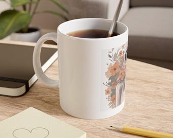 Floral Ghost Botanical Illustration Mug, Whimsigoth Seasonal Autumn Kitchen Accessory, Cozy Aesthetic Spooky Gift For Plant Lovers
