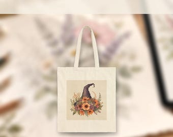 Floral Witch Hat Tote Bag, Cottagecore Watercolor Halloween, Cotton Canvas