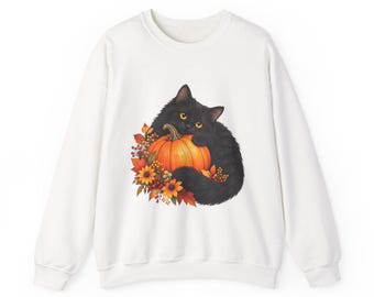 Watercolor Black Cat Pumpkin Sweatshirt, Cottagecore Autumn Top, Fall Botanical Crewneck