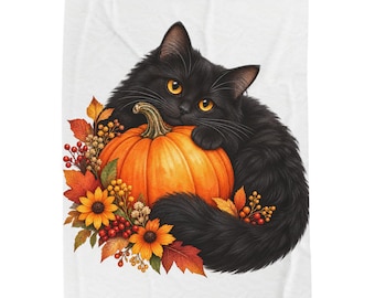 Black Cat Pumpkin Watercolor Throw, Autumn Floral Plush Blanket (Cottagecore Halloween)