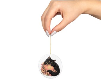 Black Cat Pumpkin Ornament, Watercolor Cottagecore Halloween, Ceramic Decor