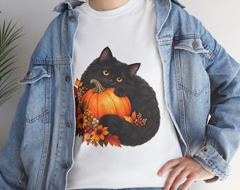 Black Cat Pumpkin Tee, Watercolor Cottagecore Halloween Shirt, Unisex