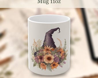 Botanical Witch Hat Floral Mug, Whimsical Nature Lover Gift Drinkware, Cottagecore Seasonal Kitchen Decor Cup