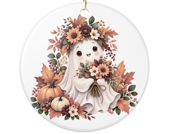 Watercolor Autumn Ghost Bouquet Ceramic Ornament