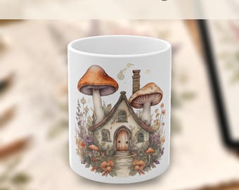 Whimsical Ghost Mushroom Cottage Mug, Pastel Dark Cottagecore Coffee Cup, Autumn Forest Nature Lover Present