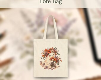 Floral Ghost Tote Bag, Botanical Halloween Illustration, Natural Cotton Canvas