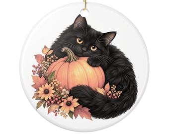 Black Cat Pumpkin Ceramic Ornament, Cottagecore Halloween Decor, Floral Autumn Gift
