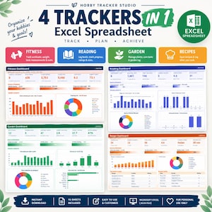 May include: A digital 4-in-1 hobby tracker Excel spreadsheet by Hobby Tracker Studio. Includes dashboards for fitness, reading, gardening, and recipes with charts, progress bars, and data tables. Features text labels for tracking, planning, and achieving goals.