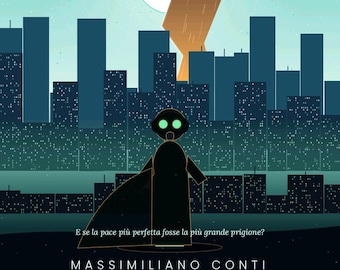 Può includere: Una copertina di libro intitolata IL RESPIRO DI GAIA di Massimiliano Conti. Presenta una figura scura con occhi verde brillante davanti a uno skyline cittadino sotto una grande nuvola frastagliata arancione-marrone e una luna bianca.