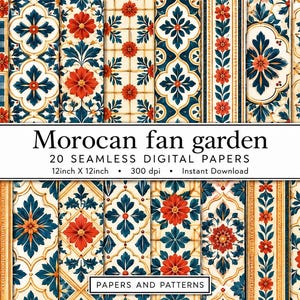May include: A collection of 20 seamless digital papers featuring Moroccan fan garden patterns in red, dark blue, and cream. The text reads Morocan fan garden, 20 SEAMLESS DIGITAL PAPERS, 12inch X 12inch, 300 dpi, Instant Download, PAPERS AND PATTERNS.