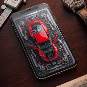 Puede incluir: Un smartphone que muestra un gráfico 3D de un coche deportivo rojo con puertas y capó abiertos, rodeado de engranajes mecánicos. Cerca hay un calibre digital que muestra 12,7 mm, un reloj esqueleto y un plano técnico sobre papel.