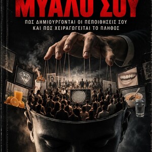 Pode incluir: Uma capa de livro intitulada MESA ΣΤΟ ΜΥΑΛΟ ΣΟΥ com o subtítulo ΠΩΣ ΔΗΜΙΟΥΡΓΟΝΤΑΙ ΟΙ ΠΕΠΟΙΘΗΣΕΙΣ ΣΟΥ ΚΑΙ ΠΩΣ ΧΕΙΡΑΓΩΓΕΙΤΑΙ ΤΟ ΠΛΗΘΟΣ. Mostra uma mão gigante manipulando uma multidão dentro de uma cabeça humana aberta, cercada por imagens.