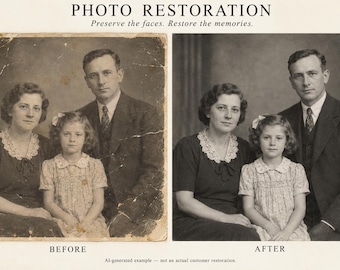May include: A side-by-side comparison of a vintage family portrait. The left side shows a damaged, stained photograph labeled BEFORE. The right side shows a restored, clear version labeled AFTER. Text at the top reads PHOTO RESTORATION.