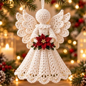May include: A cream-colored crochet angel ornament featuring a textured dress with a scalloped hem adorned with small pearls. The angel holds a red poinsettia flower with green leaves and gold beads at the center, and has large wings.