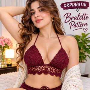 May include: A dark maroon crochet bralette featuring a triangular cup design with intricate stitching and a scalloped hem. The text XRPDIGITAL Bralette Pattern is visible in the upper right corner of the image.