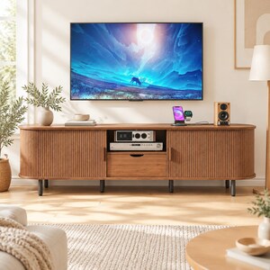 Mid Century Modern TV Stand with Fluted Doors and Drawer Entertainment Console