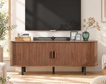 Mid Century Modern TV Stand with Fluted Sliding Doors and Storage Cabinet