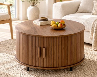 Mid Century Modern Round Coffee Table with Fluted Sliding Doors and Storage