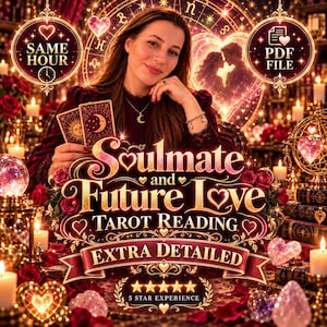 Op de afbeelding: Een digitale afbeelding voor een Soulmate and Future Love Tarot-lezing met een persoon die tarotkaarten vasthoudt. De tekst luidt SAME HOUR, PDF FILE, Soulmate and Future Love TAROT READING, EXTRA DETAILED en 5 STAR EXPERIENCE.