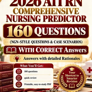 Op de afbeelding: Een 2026 ATI RN Comprehensive Nursing Predictor studiegids met 160 NGN-stijl vragen en casestudy's, inclusief juiste antwoorden en gedetailleerde toelichtingen. Bevat een snelle samenvatting en een printbaar PDF-formaat.