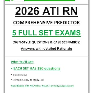 Op de afbeelding: Een digitaal document getiteld 2026 ATI RN Comprehensive Predictor met 5 volledige examens met NGN-stijl vragen en casestudy's. Het bevat antwoorden met gedetailleerde toelichtingen en 180 vragen per set in een printbaar PDF-formaat.