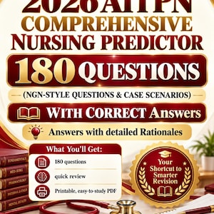 Peut inclure: Un guide d'étude 2026 ATI PN Comprehensive Nursing Predictor avec 180 questions de style NGN et études de cas, réponses correctes et explications détaillées. Inclut une révision rapide et un PDF imprimable, présenté avec un stéthoscope rouge.
