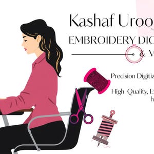 Puede incluir: Una ilustración digital de una persona trabajando en una computadora, con el texto Kashaf Urooj Embroidery Digitizing & Vector Art. El gráfico incluye artículos de costura rosas y negros como tijeras, carretes de hilo y una aguja sobre fondo blanco.