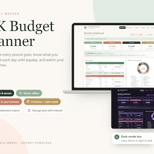 May include: A digital UK Budget Planner displayed on a laptop screen and a smaller tablet screen. The interface features a monthly dashboard with financial summaries, spending categories, and a pie chart. The design includes light and dark mode options.