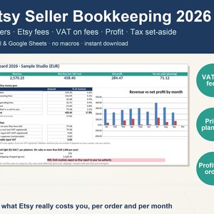 Pode incluir: Uma planilha de contabilidade digital para vendedores Etsy para o ano de 2026, com um painel de controle de receitas, taxas Etsy, lucro l&iacute;quido e dados de impostos. Inclui um gr&aacute;fico de barras e tr&ecirc;s c&iacute;rculos de cor verde-azulado.