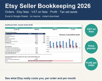 Hoja de cálculo de contabilidad para vendedores de Etsy 2026 / Calculadora de comisiones y beneficios de Etsy / IVA sobre comisiones / Excel y Google Sheets / Seguimiento de ingresos y gastos