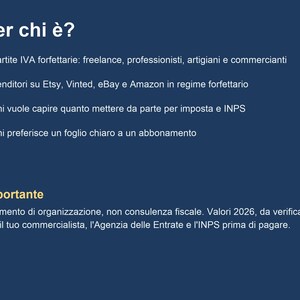 Puede incluir: Un gr&aacute;fico informativo azul oscuro con texto blanco titulado Per chi &egrave;? que enumera audiencias objetivo como aut&oacute;nomos, artesanos y vendedores en l&iacute;nea. Incluye una secci&oacute;n llamada Importante que indica que es una herramienta organizativa.