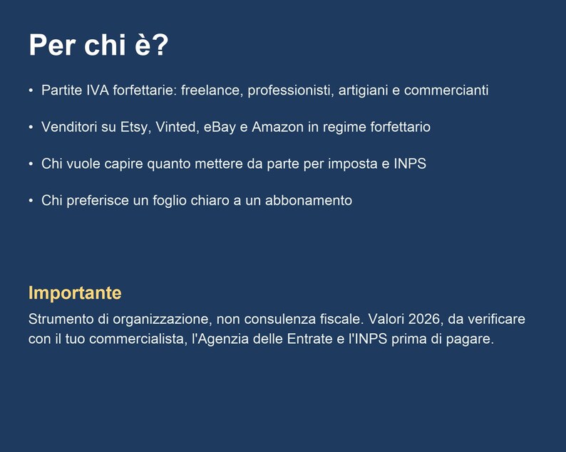 Puede incluir: Un gr&aacute;fico informativo azul oscuro con texto blanco titulado Per chi &egrave;? que enumera audiencias objetivo como aut&oacute;nomos, artesanos y vendedores en l&iacute;nea. Incluye una secci&oacute;n llamada Importante que indica que es una herramienta organizativa.