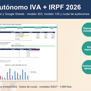 May include: A digital spreadsheet template for 2026 tax management titled Autonomo IVA + IRPF 2026. It includes a dashboard for income, expenses, and quarterly tax forms 303 and 130, featuring a bar chart, DAC7 tracker, and three green circular icons.