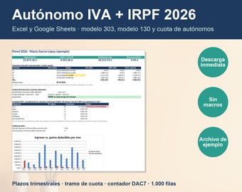 Könnte beinhalten: Eine digitale Tabellenkalkulationsvorlage für die Steuerverwaltung 2026 mit dem Titel Autonomo IVA + IRPF 2026. Sie enthält ein Dashboard für Einnahmen, Ausgaben und Steuerformulare 303 und 130, ein Balkendiagramm sowie drei grüne kreisförmige Symbole.
