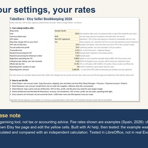 Pode incluir: Uma planilha de contabilidade digital para vendedores Etsy intitulada Tabellaro Etsy Seller Bookkeeping 2026. O documento apresenta uma tabela com c&eacute;lulas amarelas para inserir configura&ccedil;&otilde;es da loja, impostos e taxas.