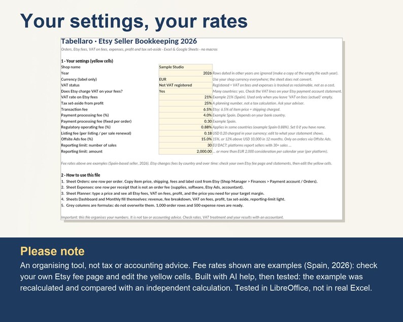 Pode incluir: Uma planilha de contabilidade digital para vendedores Etsy intitulada Tabellaro Etsy Seller Bookkeeping 2026. O documento apresenta uma tabela com c&eacute;lulas amarelas para inserir configura&ccedil;&otilde;es da loja, impostos e taxas.