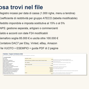 Puede incluir: Un archivo de hoja de c&aacute;lculo digital para la gesti&oacute;n fiscal titulado Cosa trovi nel file, que presenta una lista de caracter&iacute;sticas que incluyen registros de caja, coeficientes de rentabilidad ATECO, c&aacute;lculos de impuestos y un contador DAC7.