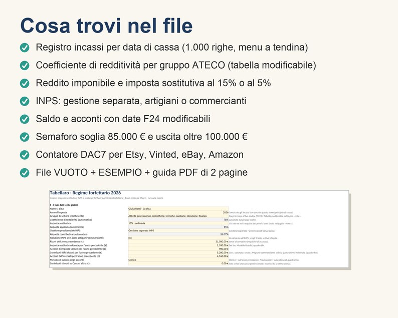 Puede incluir: Un archivo de hoja de c&aacute;lculo digital para la gesti&oacute;n fiscal titulado Cosa trovi nel file, que presenta una lista de caracter&iacute;sticas que incluyen registros de caja, coeficientes de rentabilidad ATECO, c&aacute;lculos de impuestos y un contador DAC7.