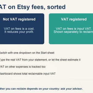 Pode incluir: Uma infografia intitulada VAT on Etsy fees, sorted. Apresenta uma caixa azul-escura para Not VAT registered e uma caixa verde para VAT registered, seguidas por uma lista de quatro pontos com marcas de verifica&ccedil;&atilde;o sobre o rastreio do IVA.