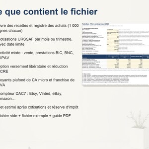 K&ouml;nnte beinhalten: Eine digitale Tabellenkalkulationsdatei f&uuml;r Kleinstunternehmer mit dem Titel Ce que contient le fichier, die eine Liste von Funktionen wie ein Rezeptbuch, ein Einkaufsregister, URSSAF-Beitragsverfolgung und einen DAC7-Z&auml;hler enth&auml;lt.