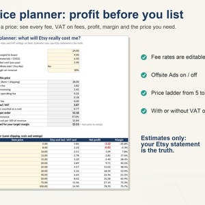 Pode incluir: Uma planilha digital de planejamento de pre&ccedil;os para vendedores Etsy com uma se&ccedil;&atilde;o de calculadora para pre&ccedil;o do item, frete e custos, al&eacute;m de uma tabela de escala de pre&ccedil;os de 5 a 100. O texto inclui Price planner: profit before you list.
