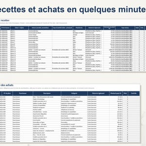 K&ouml;nnte beinhalten: Eine digitale Tabellenvorlage mit dem Titel Recettes et achats en quelques minutes, bestehend aus zwei Tabellen: Livre des recettes und Registre des achats. Die Tabellen enthalten Spalten f&uuml;r Daten, Rechnungsnummern, Beschreibungen, Kategorien und finanzielle Betr&auml;ge.