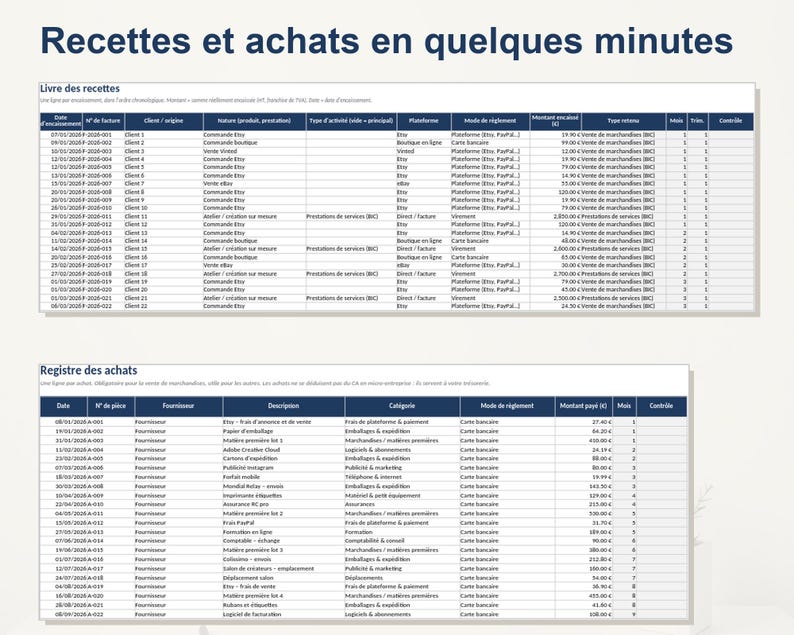 K&ouml;nnte beinhalten: Eine digitale Tabellenvorlage mit dem Titel Recettes et achats en quelques minutes, bestehend aus zwei Tabellen: Livre des recettes und Registre des achats. Die Tabellen enthalten Spalten f&uuml;r Daten, Rechnungsnummern, Beschreibungen, Kategorien und finanzielle Betr&auml;ge.
