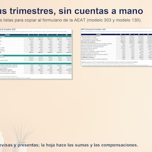 May include: A digital spreadsheet document titled Tus trimestres, sin cuentas a mano, featuring two tables labelled IVA trimestral (modelo 303) and IRPF trimestral (modelo 130) with numerical data for tax reporting and financial calculations.