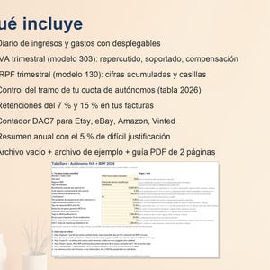 May include: A digital spreadsheet template for tax and income tracking titled Que incluye, featuring a list of accounting features like quarterly VAT and income tax forms, expense logs, and a 2026 tax bracket calculator for independent contractors.