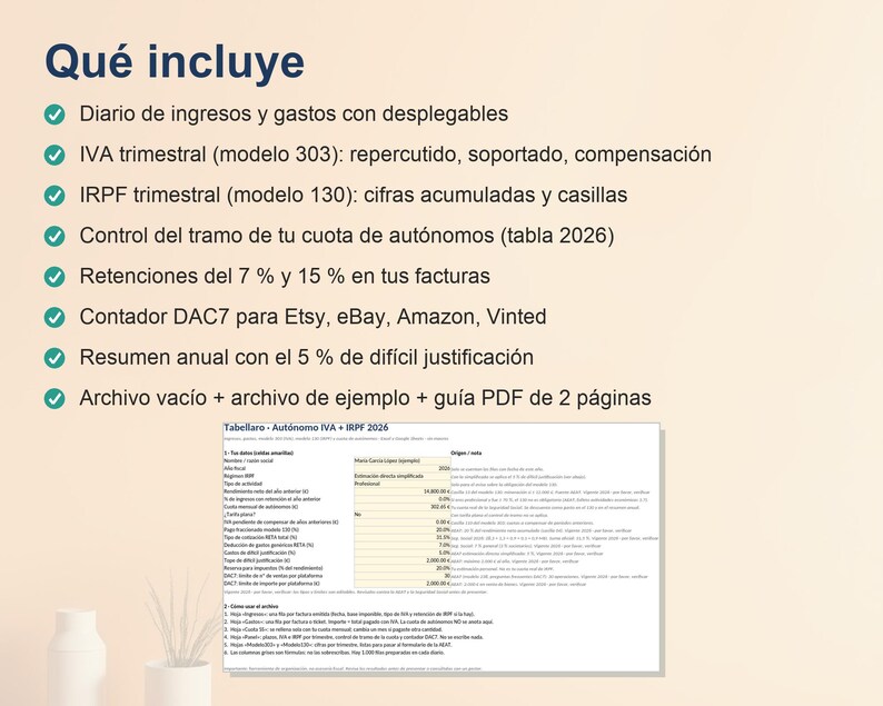 May include: A digital spreadsheet template for tax and income tracking titled Que incluye, featuring a list of accounting features like quarterly VAT and income tax forms, expense logs, and a 2026 tax bracket calculator for independent contractors.