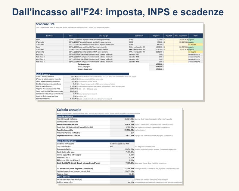 Puede incluir: Un documento de hoja de c&aacute;lculo digital titulado Dall'incasso all'F24: imposta, INPS e scadenze, que presenta dos tablas llamadas Scadenze F24 y Calcolo annuale, detallando pagos de impuestos, contribuciones a la seguridad social y c&aacute;lculos financieros.