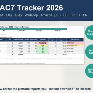 Może przedstawiać: Cyfrowy pulpit nawigacyjny DAC7 Tracker 2026 dla Vinted, Etsy, eBay, Wallapop i Amazon. Arkusz kalkulacyjny wyświetla sprzedaż, opłaty i kwoty netto ze wskaźnikami stanu świateł drogowych dla limit&oacute;w platformy, w tym 30 sprzedaży lub 2000 euro.